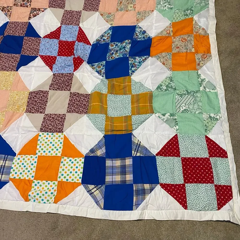 Handmade Vintage 30s Snowball Nine-Patch Quilt 67x72 Large Throw Blanket